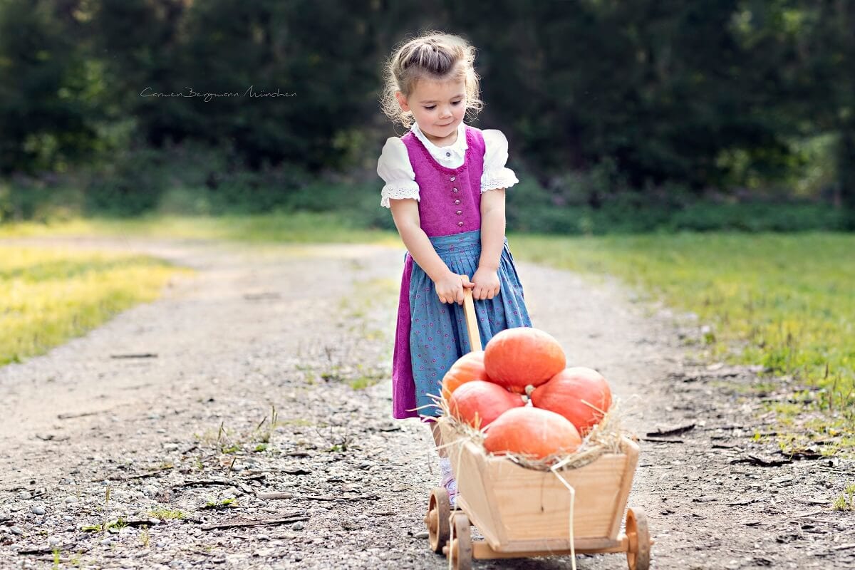 Outdoorkindershooting im Herbst mit Kind und Kuerbis in Wagen im Wald